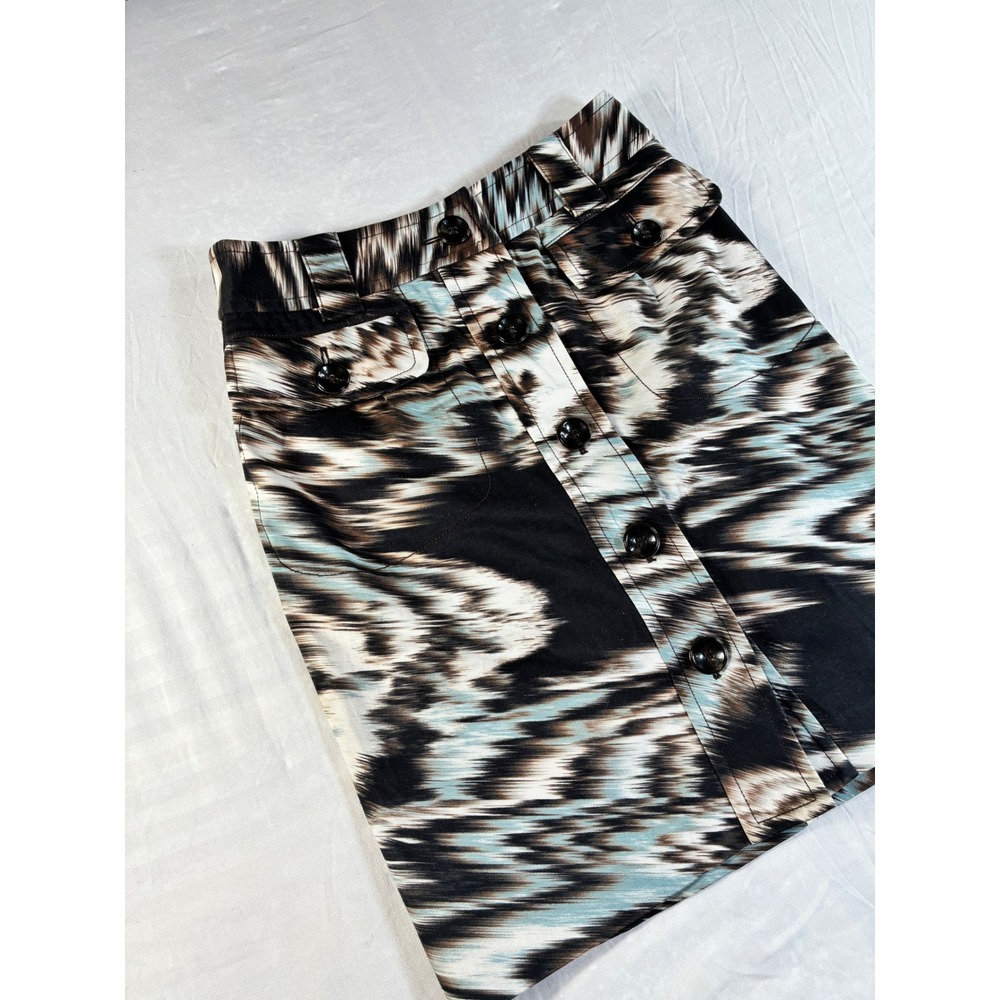 Etcetera Womens‎ Abstract Ikat Print Button Front Mini Skirt Black Brown Blue 2